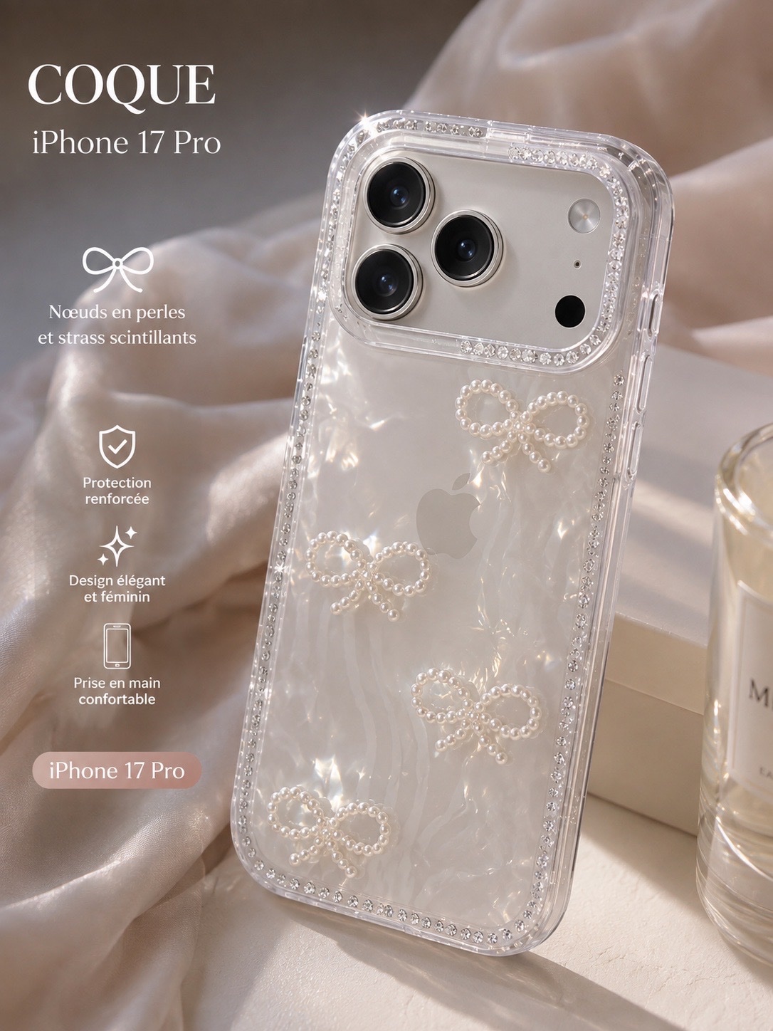 ✨ Coque iPhone 17 Pro – Nœuds & Perles ✨