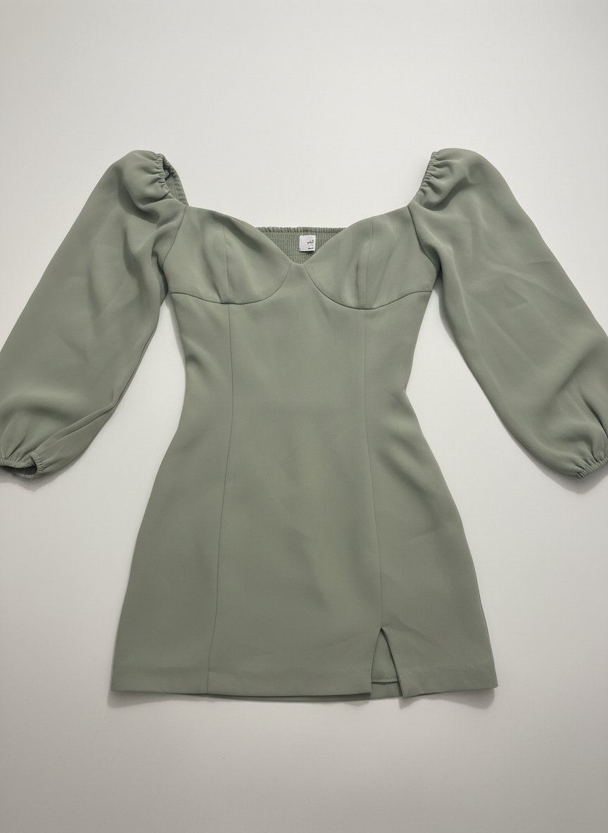 Une petite robe vert d'eau, col en cœur et manches légèrement bouffantes 