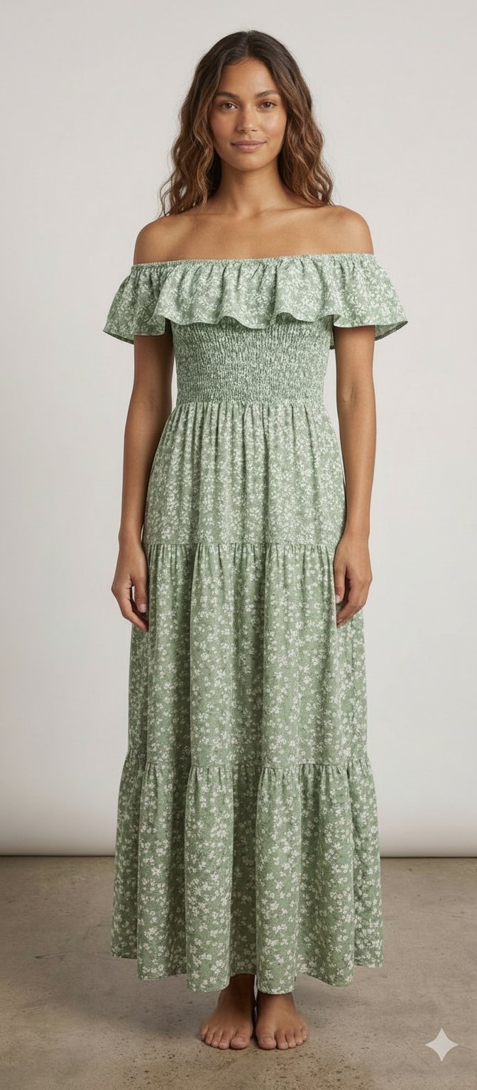 🌸 Robe Longue Fleurie Verte
