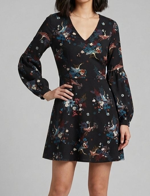 🌸 Robe Patineuse Fluide – Motif Floral & Grues