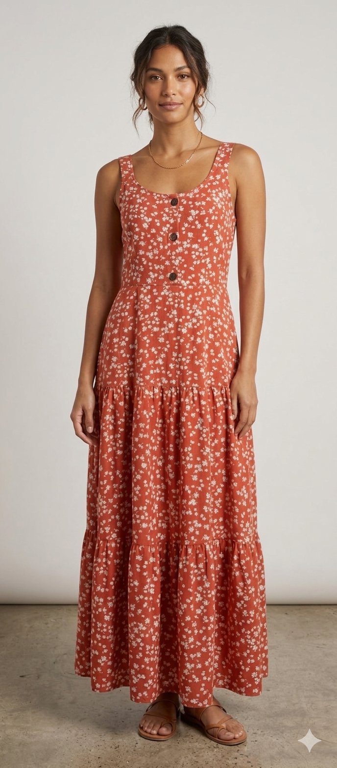 🌴 Robe Longue Terracotta à Fleurs