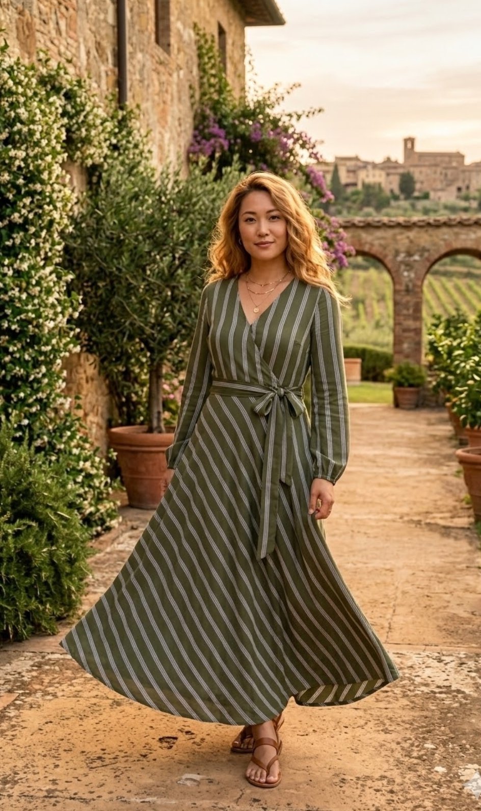 Robe vert olive et blanc