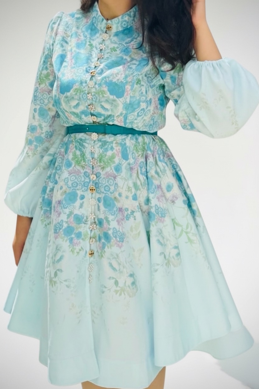 Robe très belle bleu ciel à motifs fleuris
