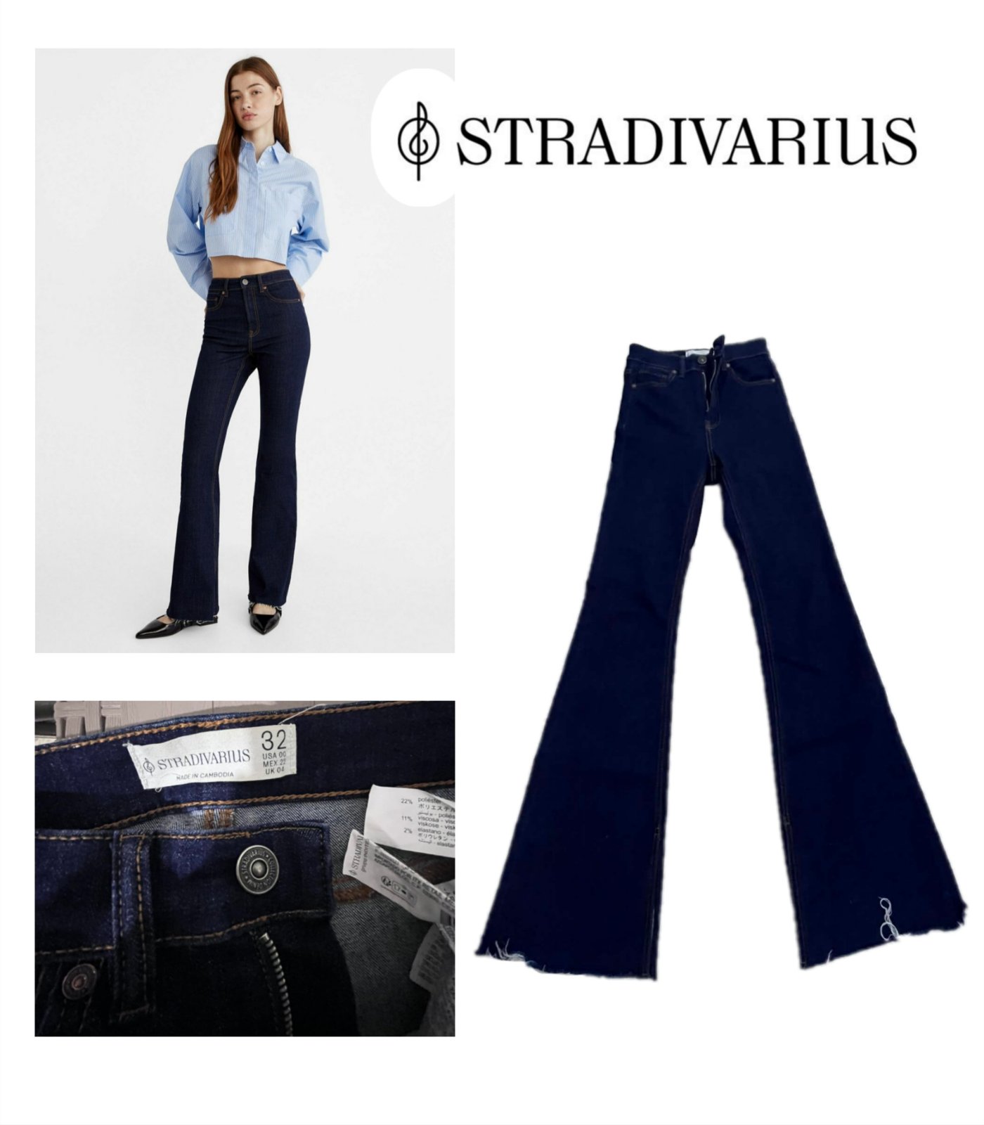 Jeans pattes d'éléphant stradivarius bleu foncé taille haute 