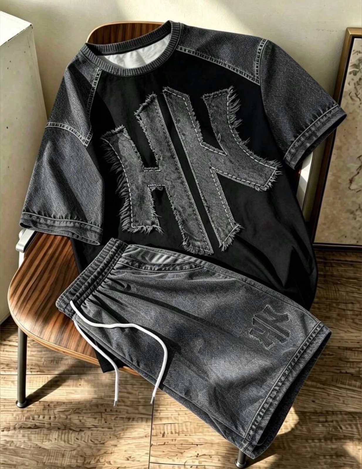 Ensemble Manfinity Hypemode American Retro Faux Denim Color Block NY Print T-Shirt & Drawstring Shorts 