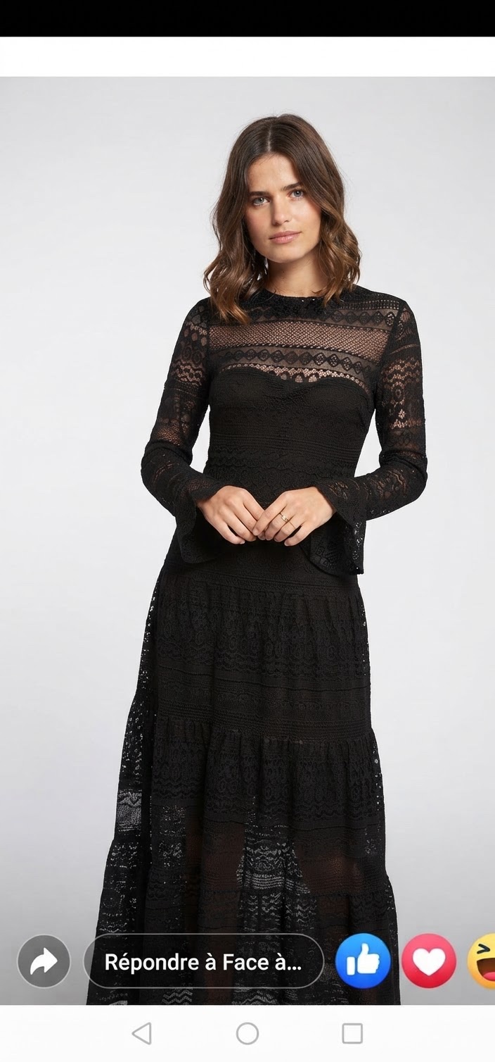 Robe longue en dentelle noire à manches longues, coupe élégante avec jeux de transparence