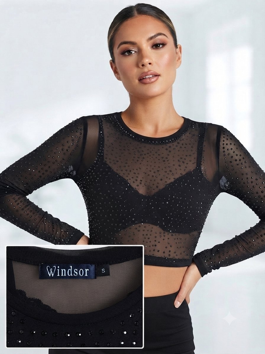 Crop top transparent manches longues avec ornements 