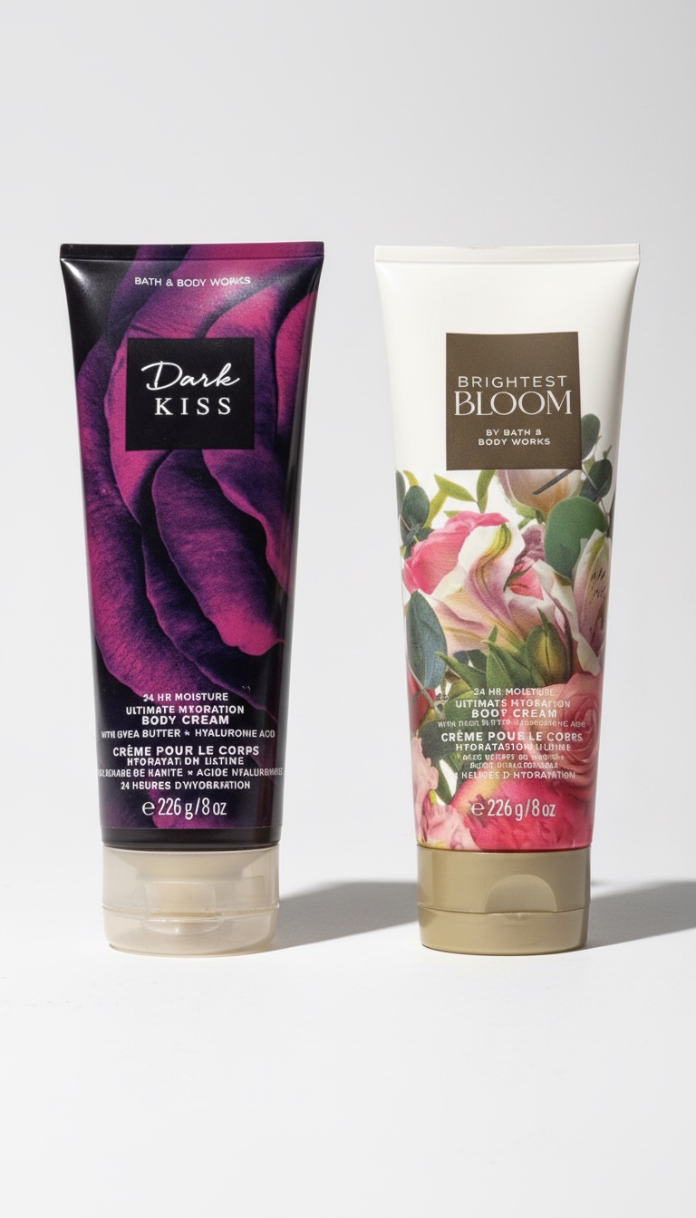Deux crèmes pour le corps Bath & Body Works : • Dark Kiss • Brightest Bloom Hydratation 24h, parfum agréable