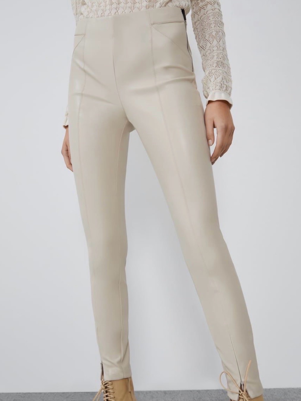 Pantalons Cuir Lisse Beige 