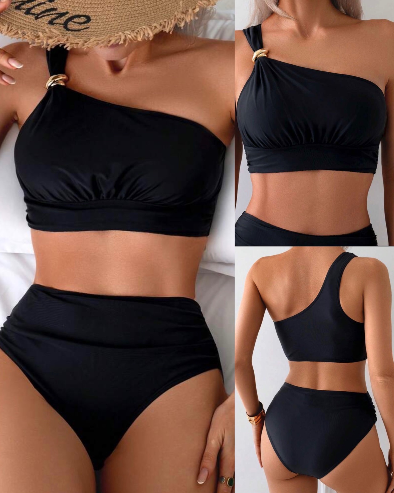 Maillot deux pièces noir avec motif en doré