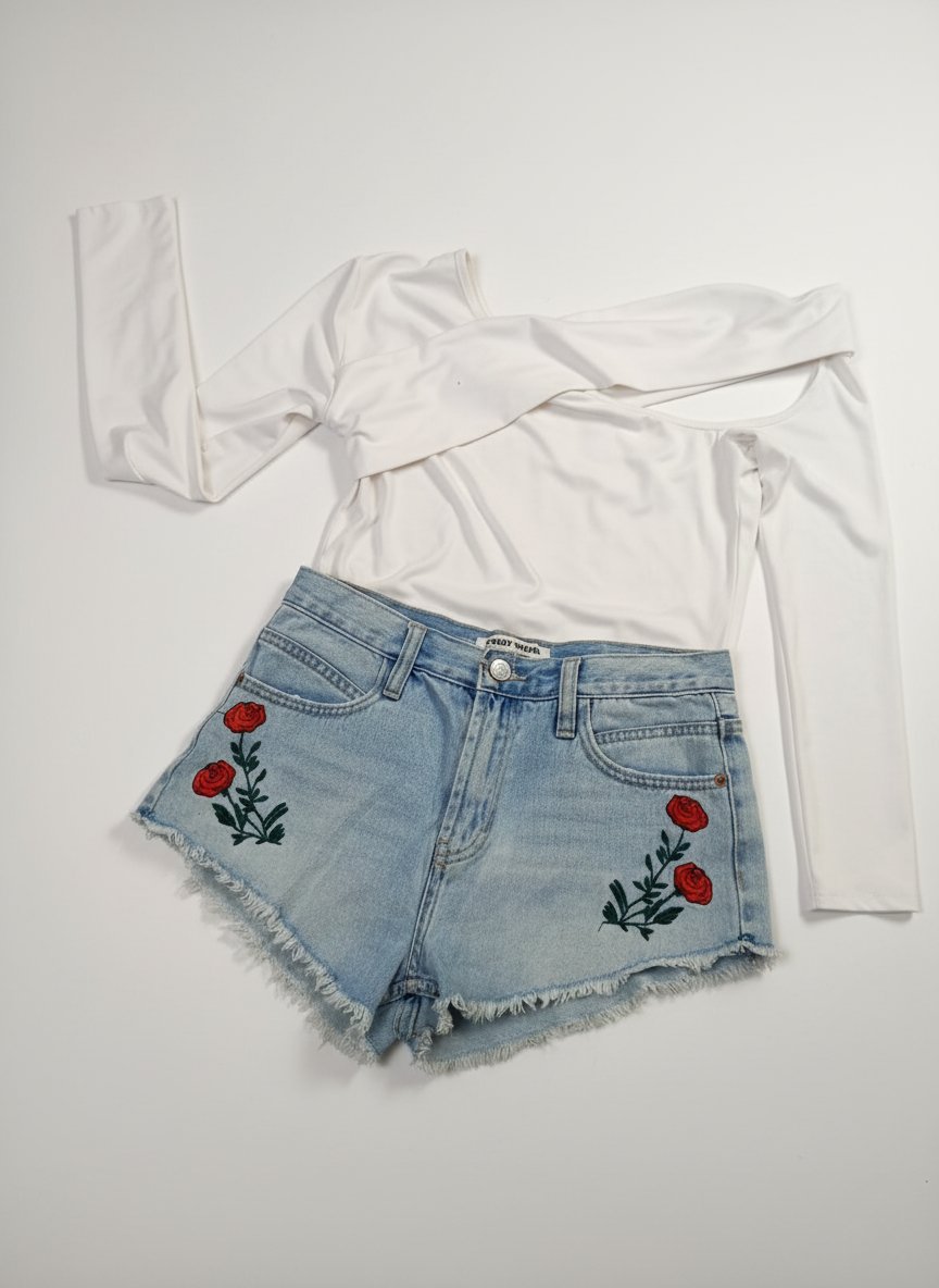 Short en denim brodé – Têtes de mort et roses🌹🌹🌹