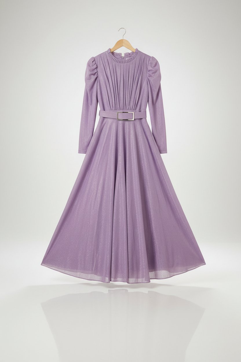 Robe longue de soirée mauve plissée avec ceinture à boucle