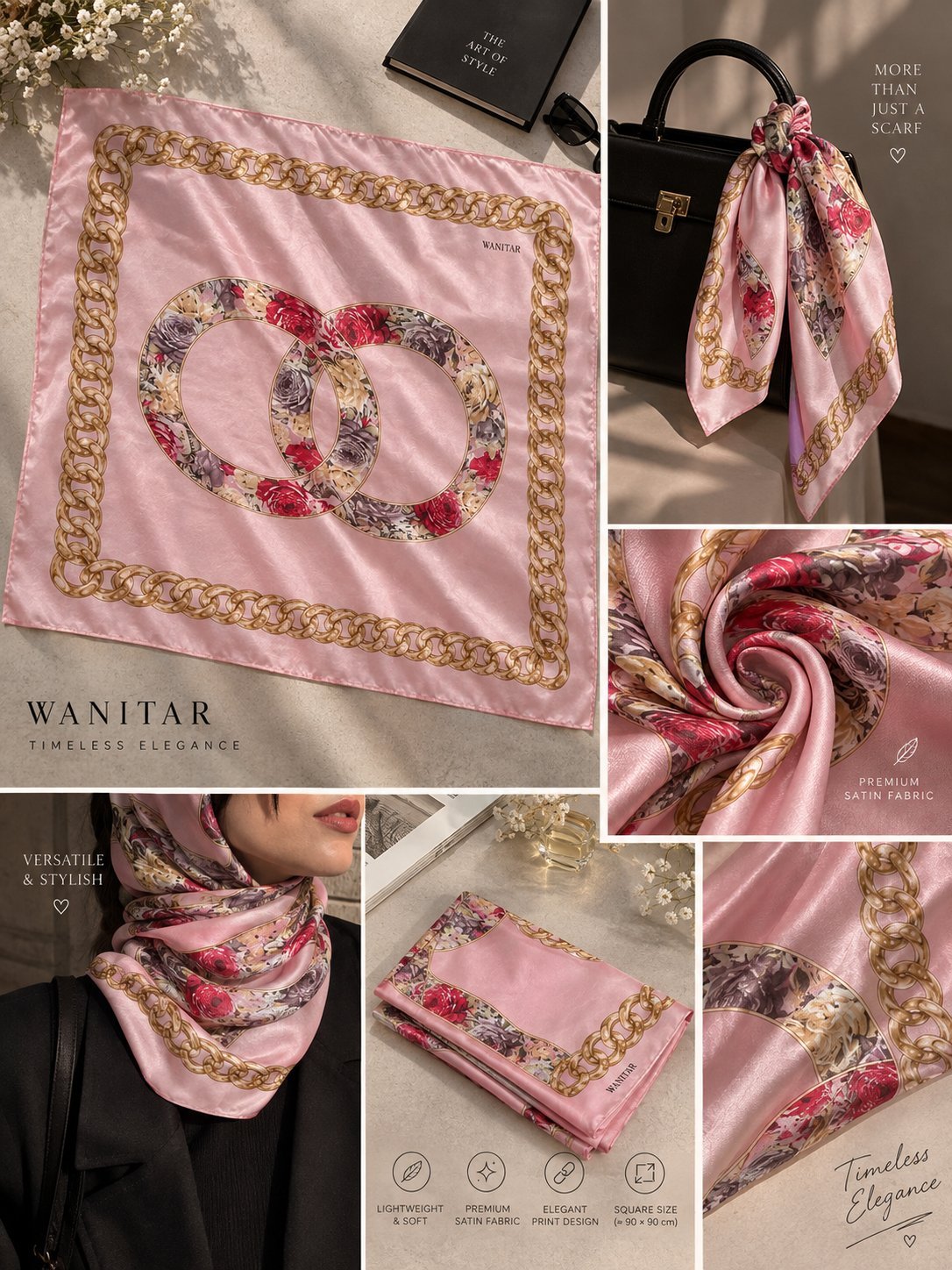 Asmira Pink Satin Scarf | Vintage Floral Elegance ✨