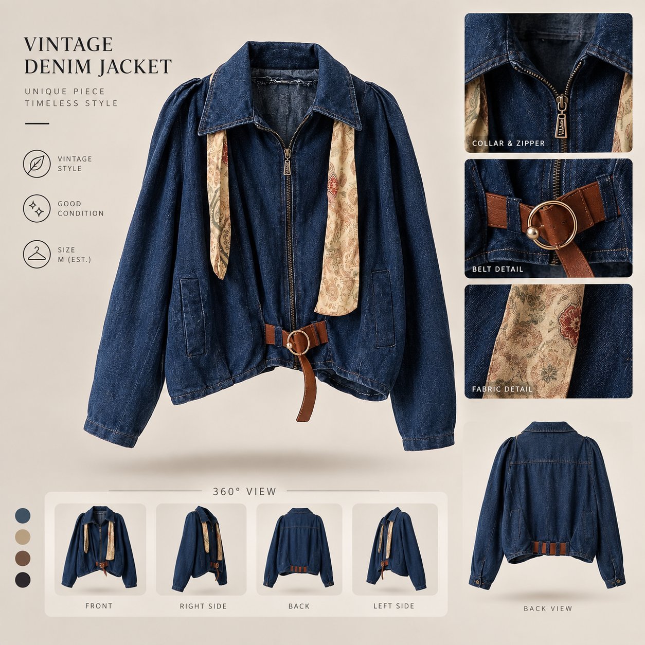 Veste en jean vintage unique avec écharpe intégrée et ceinture