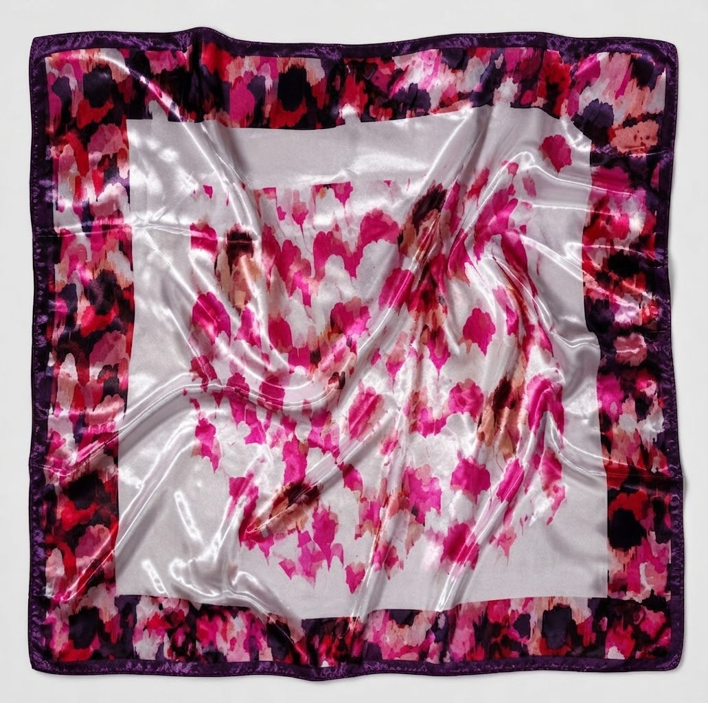 Foulard carré en satin rose et violet / Foulard Versace
