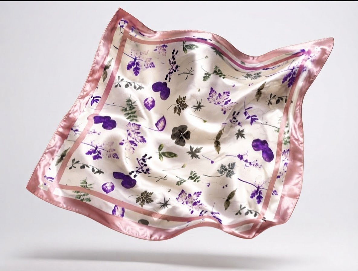 Foulard carré satiné fleuri violet et rose – Élégant