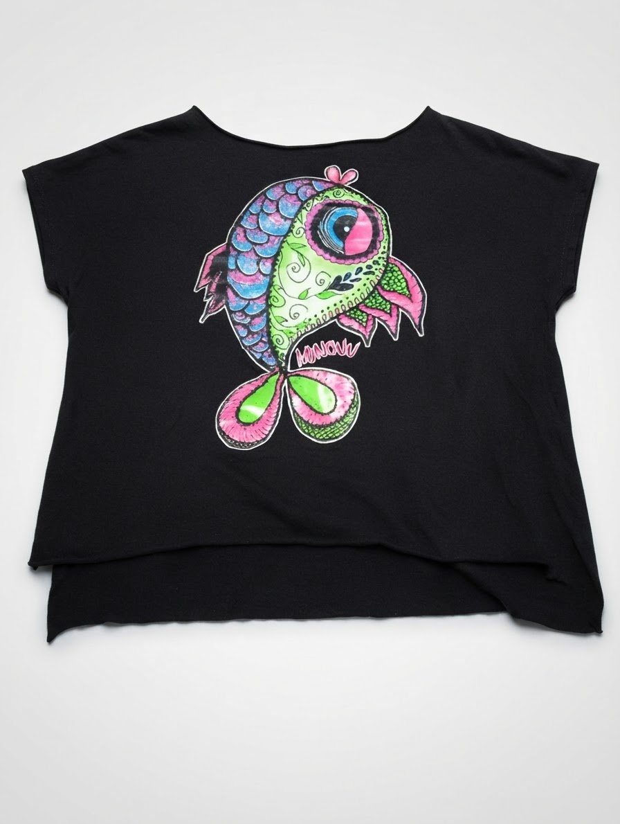 T-shirt noir de la marque Minouu  imprimé coloré de poisson   