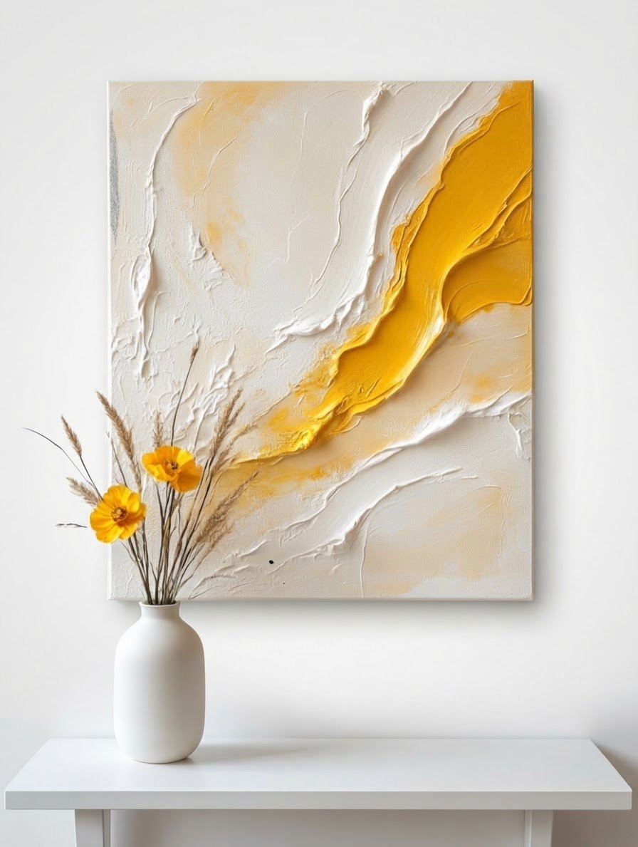 Tableau Abstrait Texturé Jaune et Blanc en Relief + vase- Art Modern