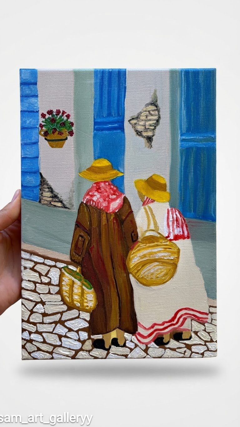 Tableau Peinture Fait Main – Scène Traditionnelle Tunisienne & Ruelle de Village 