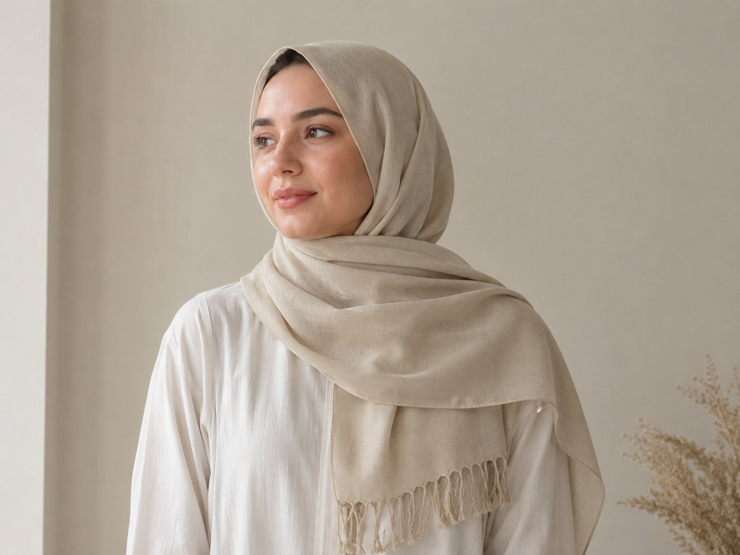 Foulard uni beige sable à franges