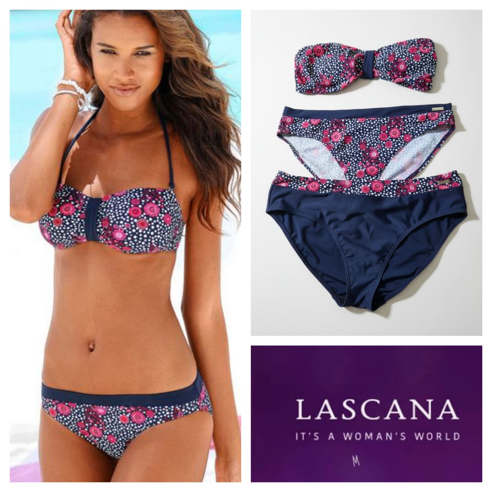 Bikini lascana à bandeau mix-kini 3 pièces 44C floral+polka dot 