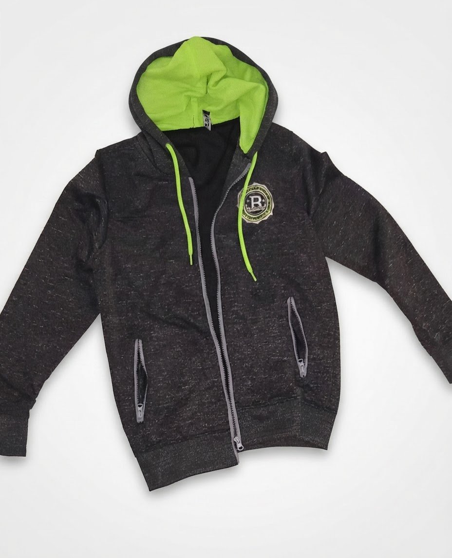Veste à Capuche Zippée Gris Chine & Vert Fluore 