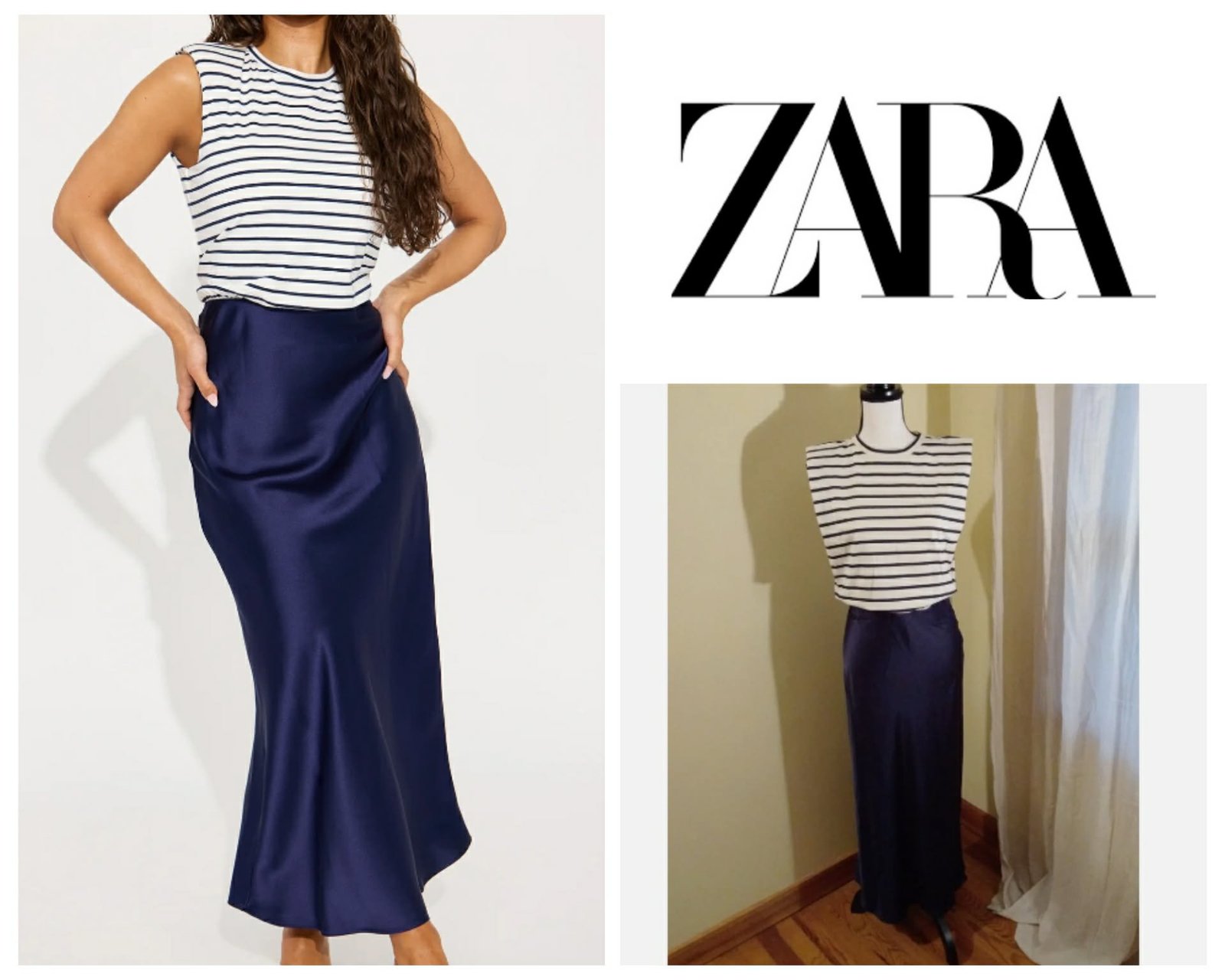 Robe zara taille s navy cream stripe satin contrast padded shoulders 💣✨️