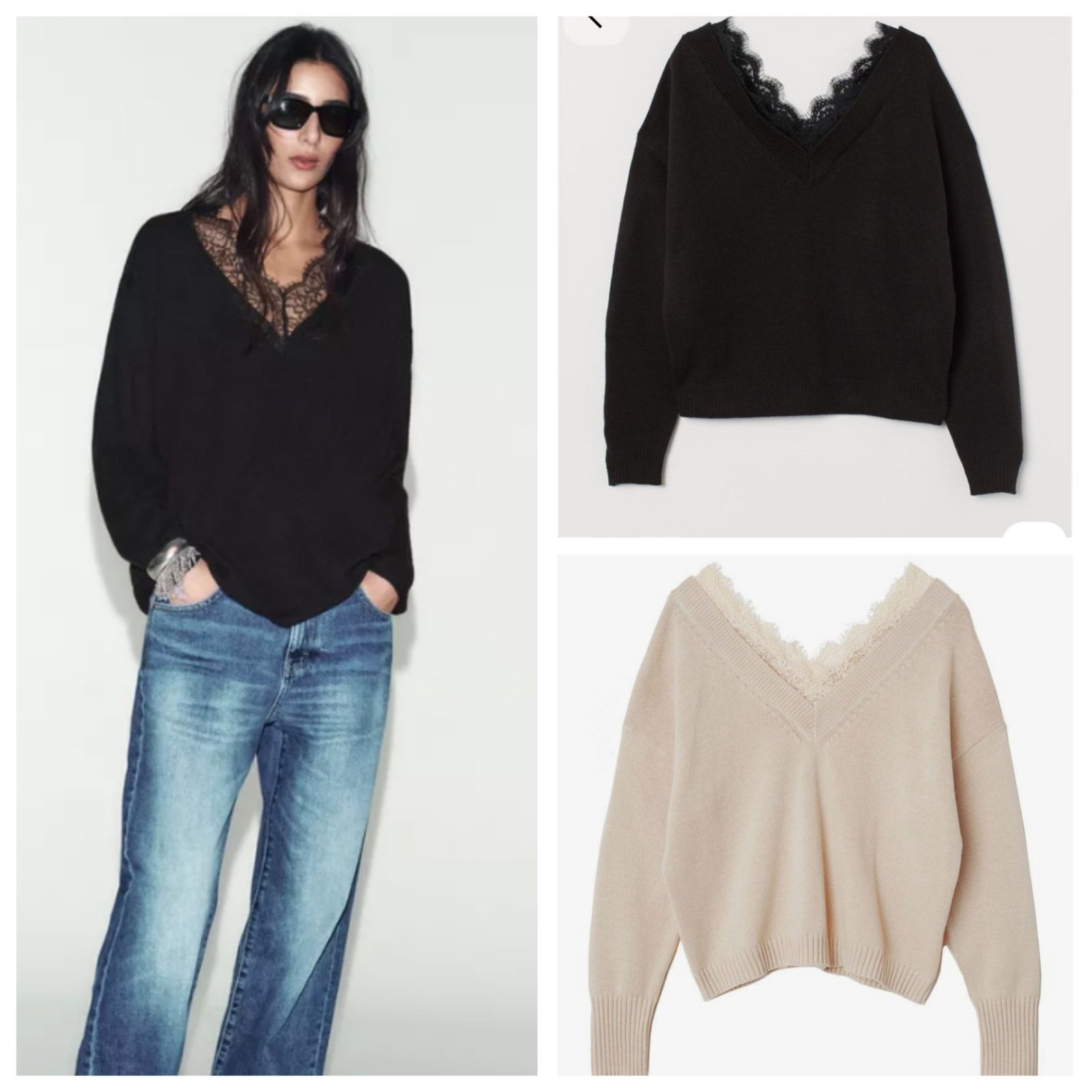 Pull en laine col v en dentelle tendance chez zara actuellement ✨️