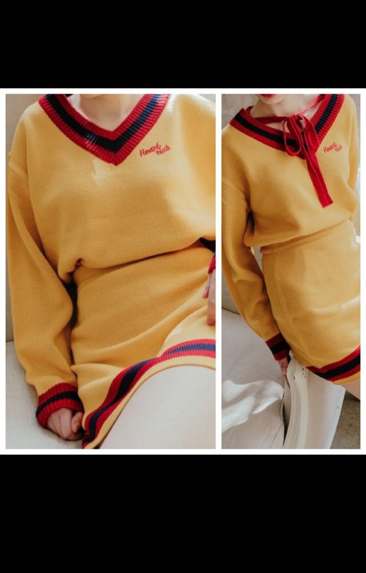 Heart club ribbon tie contrast v-neck knit top  ✨️💛