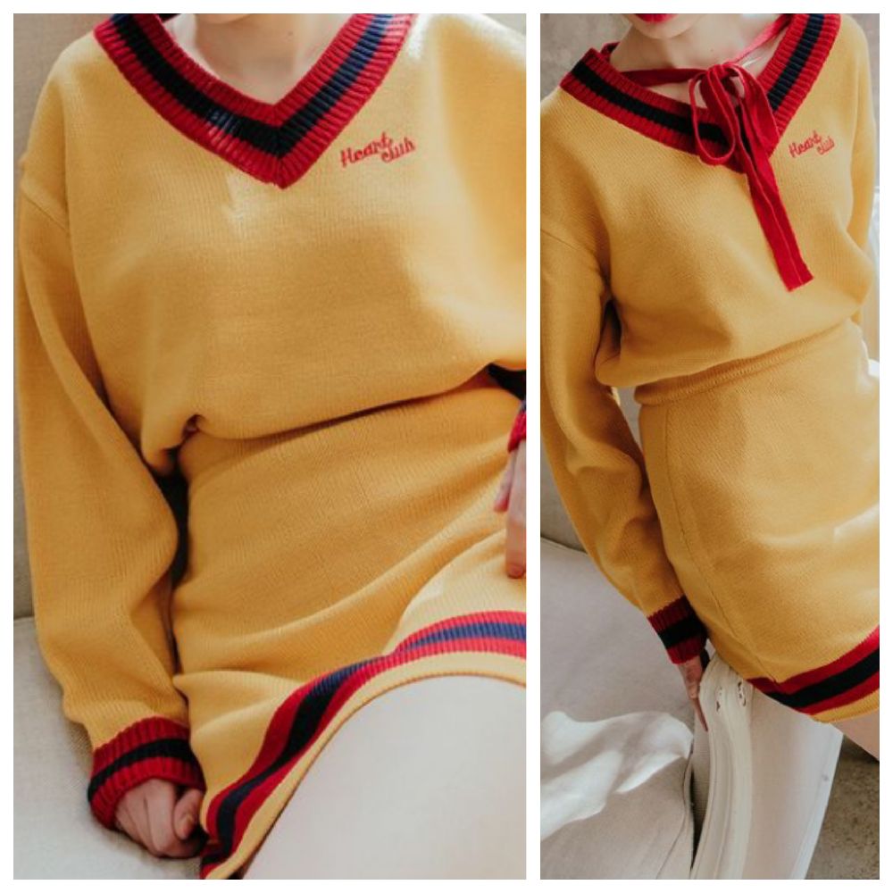 Heart club ribbon tie contrast v-neck knit top  ✨️💛