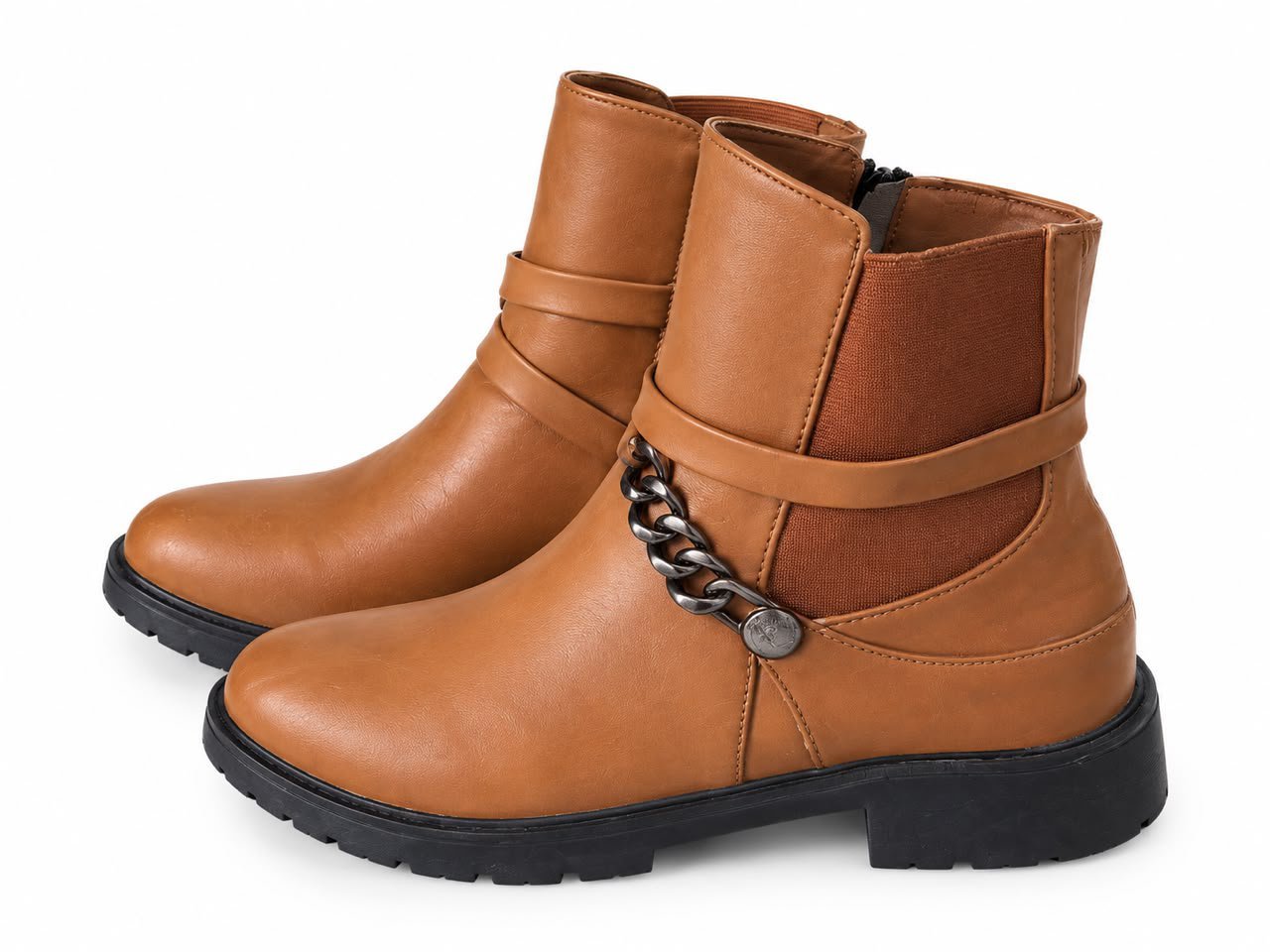 Bottines pour femmes couleur camel avec chaîne décorative