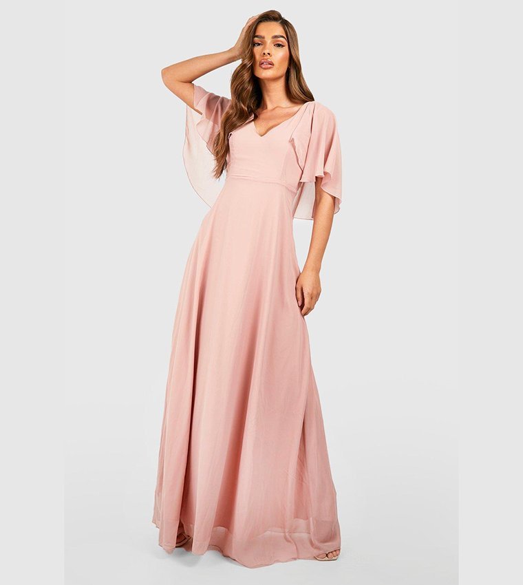  Robe de demoiselle d'honneur maxi en mousseline à manches cape