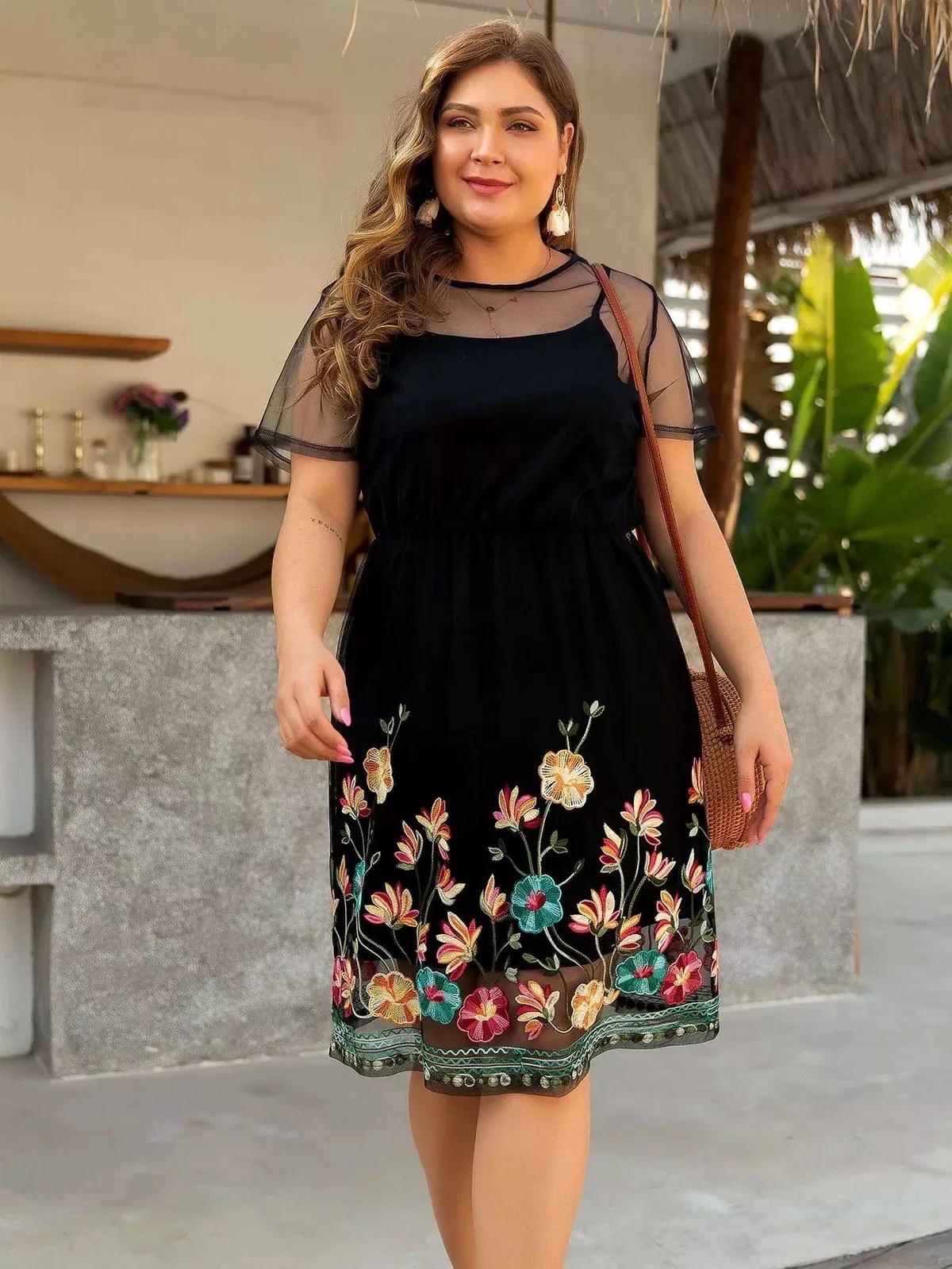 Floral Embroidered Mesh Overlay Dress