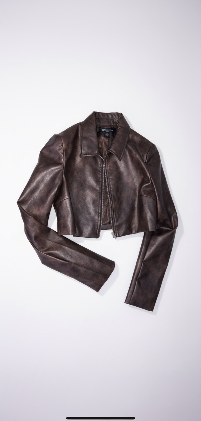 ⚠️⚠️PROMO        PETITE CHOCOLATE CROPPED FAUX LEATHER ZIP UP JACKET