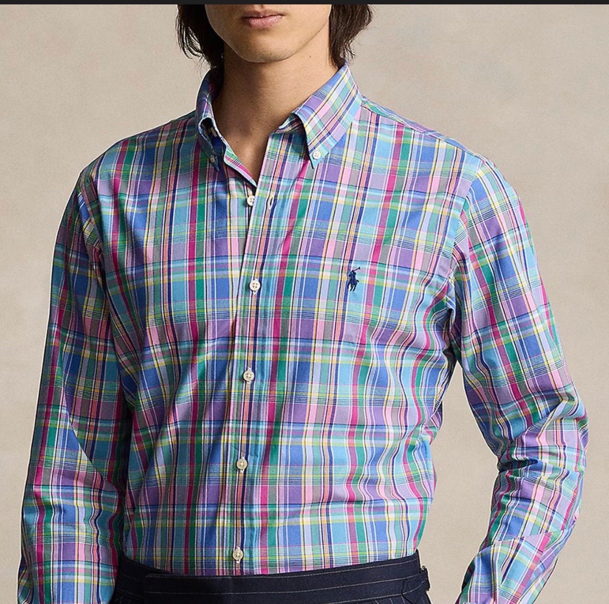 Chemise Polo Ralph lauren bleu a logo fluo rose M/L 