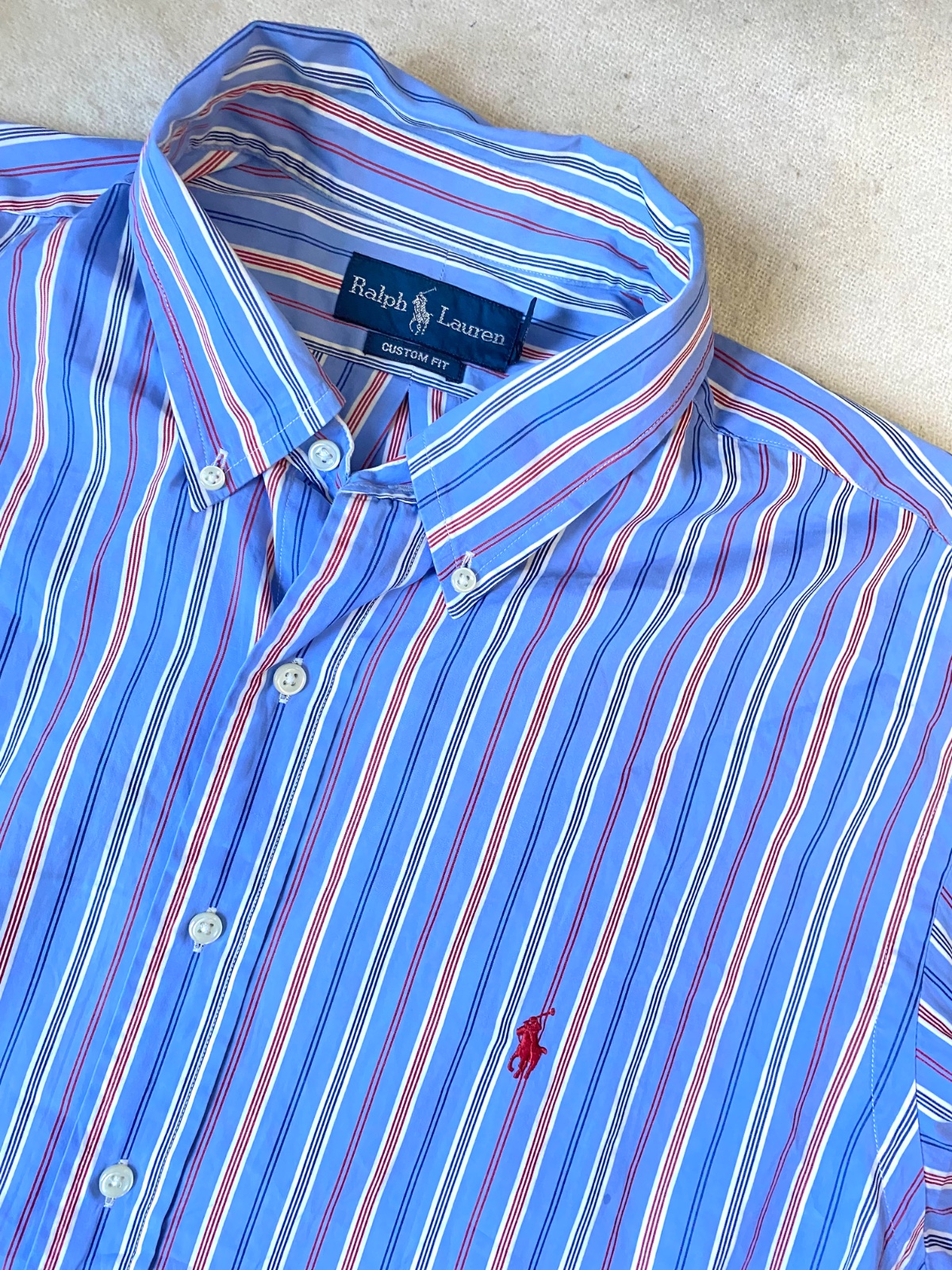 Chemise Polo Ralph Lauren bleu rayures logo rouge 44/46