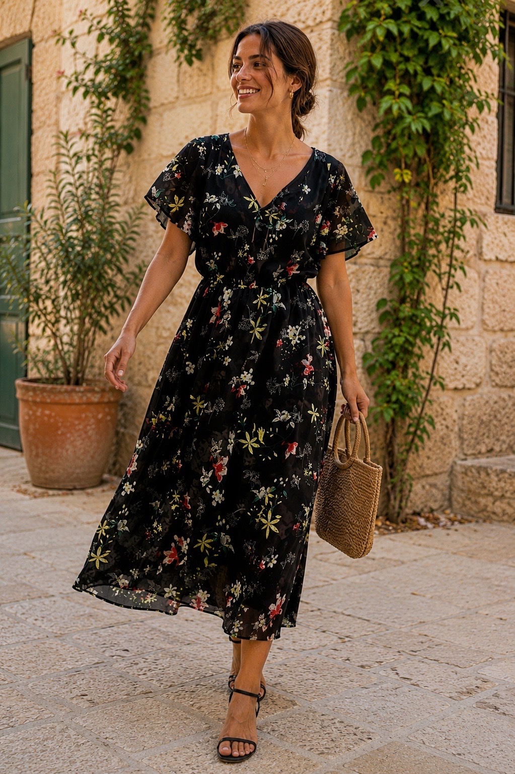 Robe milongue LC Waikiki florale en noir M/L 