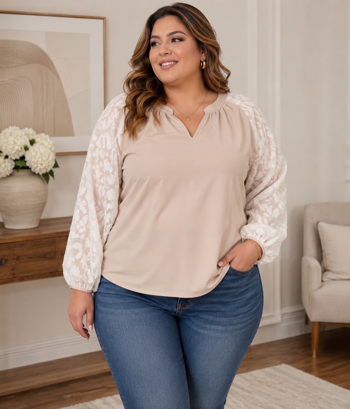 Blouse en tuille beige grande taille 48/50