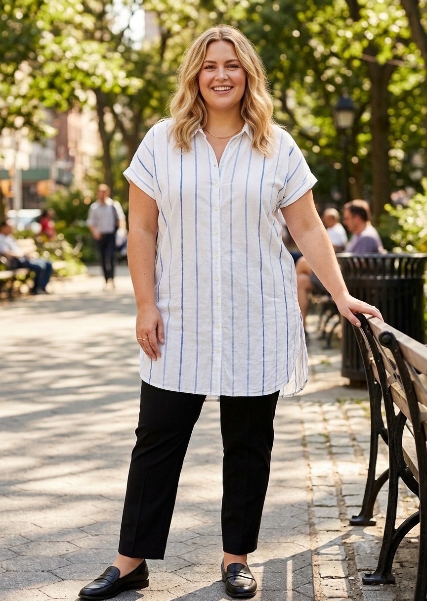 Chemise blouse longue a rayures grande taille blanc et bleu 48/50