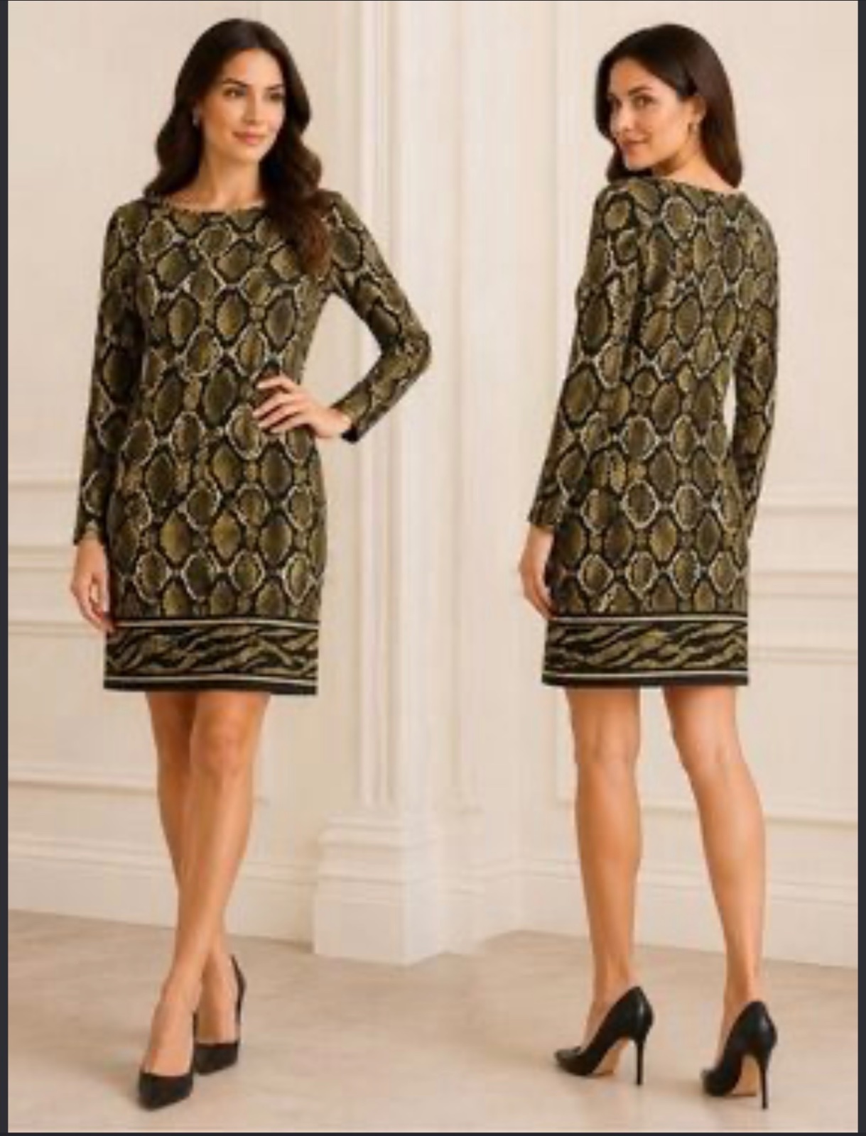 ✨ Robe droite Michael Kors 🖤🐍 Taille : S Motif serpent kaki et noir, manches longues. Chic et élégante, idéale pour un look tendance.