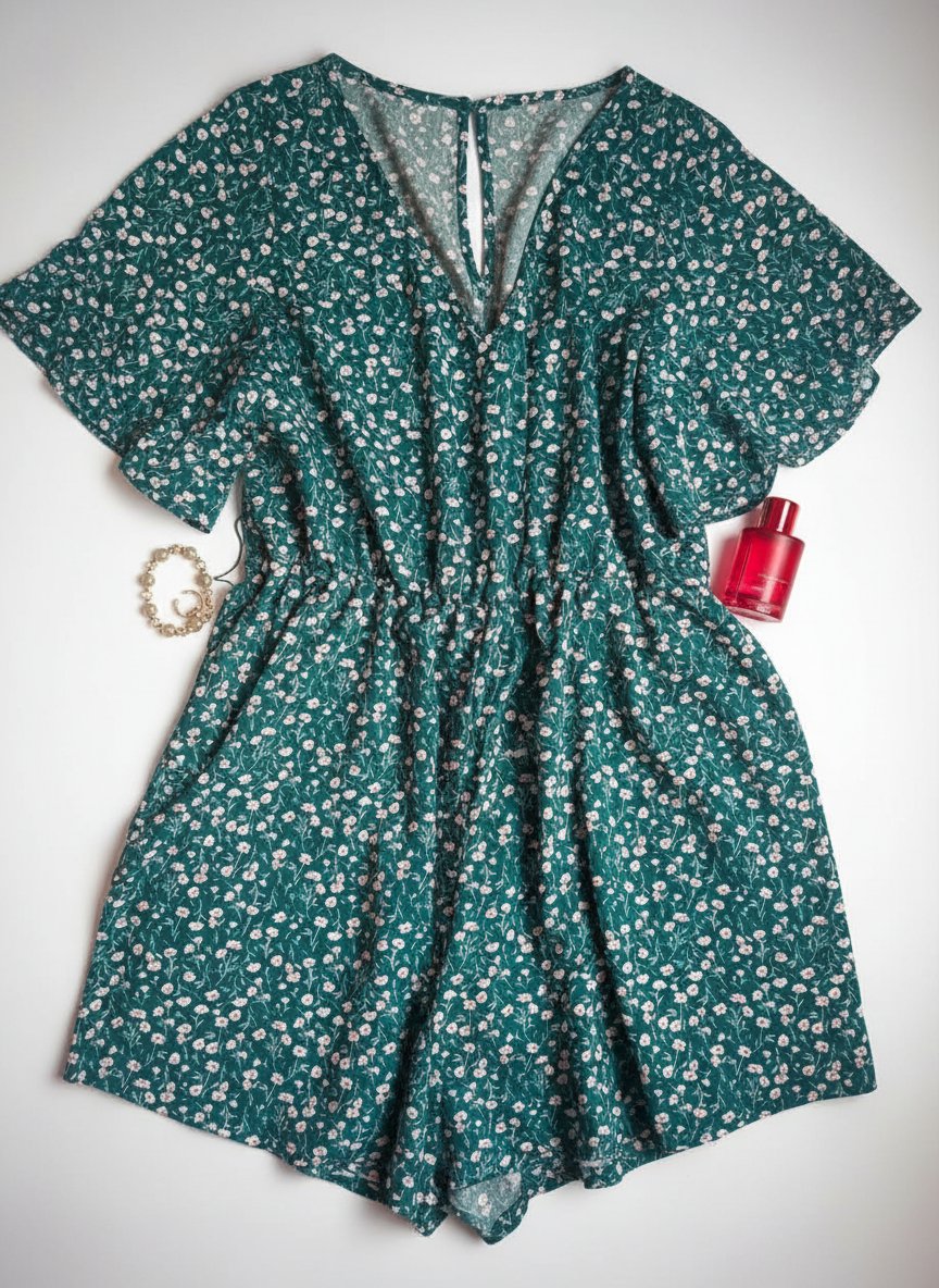 Combishort fluide vert à petites fleurs