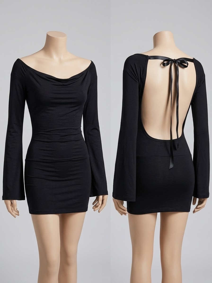 Mini-robe noire (bodycon) à manches évasées (bell sleeves), encolure bateau dégagée (off-the-shoulder), et dos nu élégant avec un lien à nouer en ruban satiné
