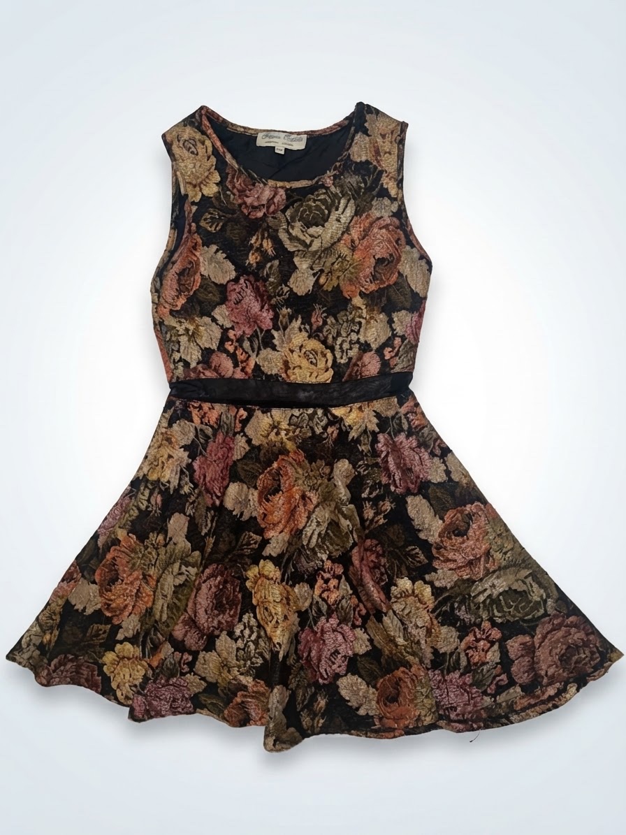 Robe courte évasée en jacquard tapisserie à motifs floraux – Style vintage / chic