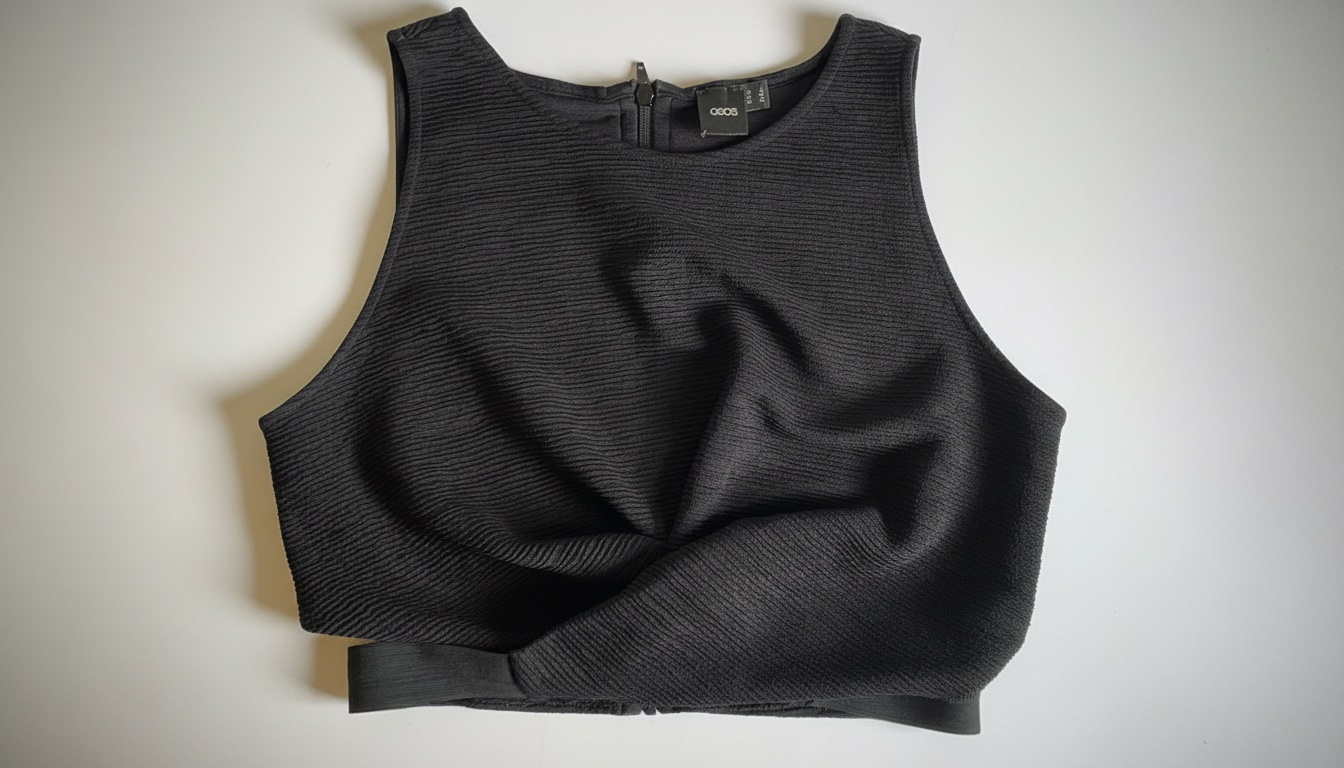 Crop top noir texturé et drapé de la marque ASOS présente une coupe sans manches, une encolure haute et arrondie, ainsi qu'un effet croisé ou twisté sur le devant de la taille ( taille 40/42) 