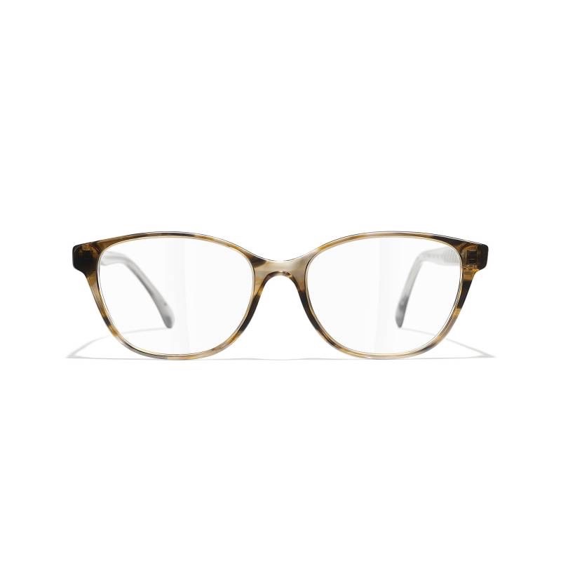 Lunettes de vue Chanel 3281 (code couleur 1295). Il s'agit d'une monture féminine rétro en acétate façon écaille de tortue (Havana) arborant une forme rectangulaire arrondie de type "cat-eye" 
