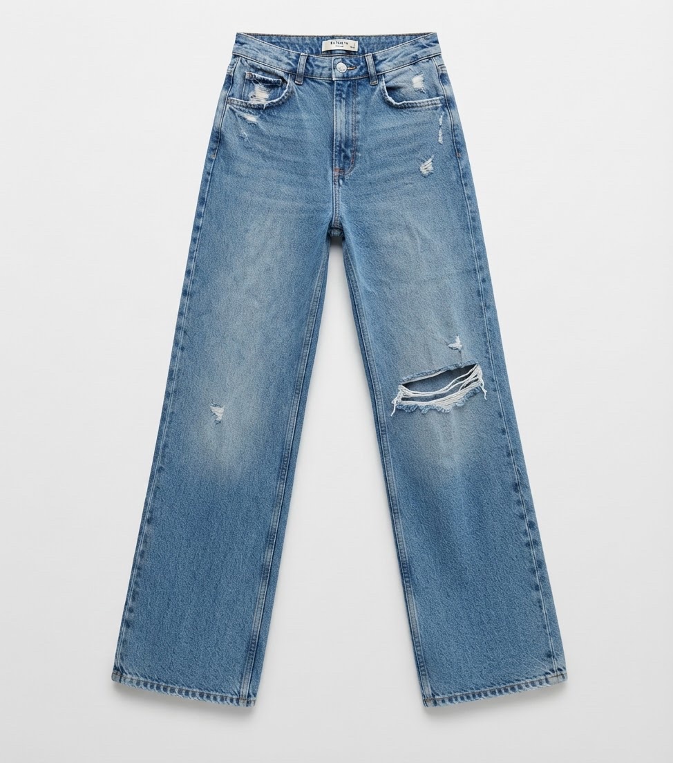 Jean large à taille haute et détails déchirés pour femme de la marque Pull & Bear taille 36