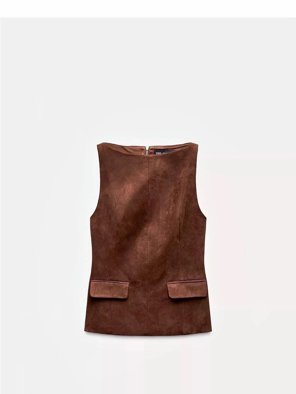 Ce top sans manches en suédine marron de chez Zara se distingue particulièrement par ses élégants rabats de poche à l'avant taille M 