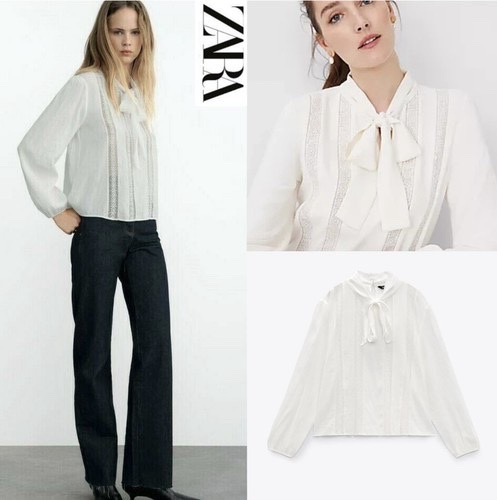 Blouse Zara blanche présente des empiècements en dentelle et un col lavallière à nouer taille M