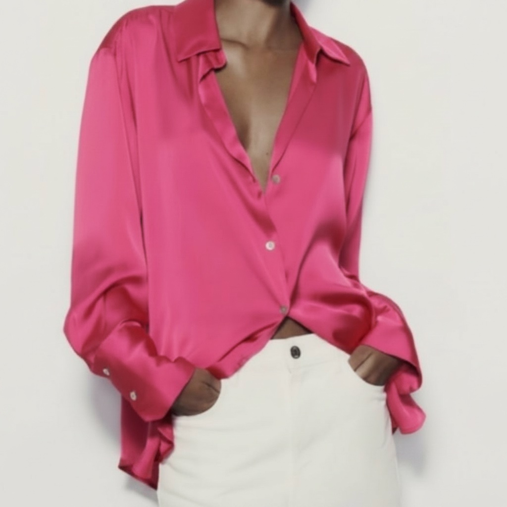 Une chemise en satin rose fuchsia de style fluide taille S 