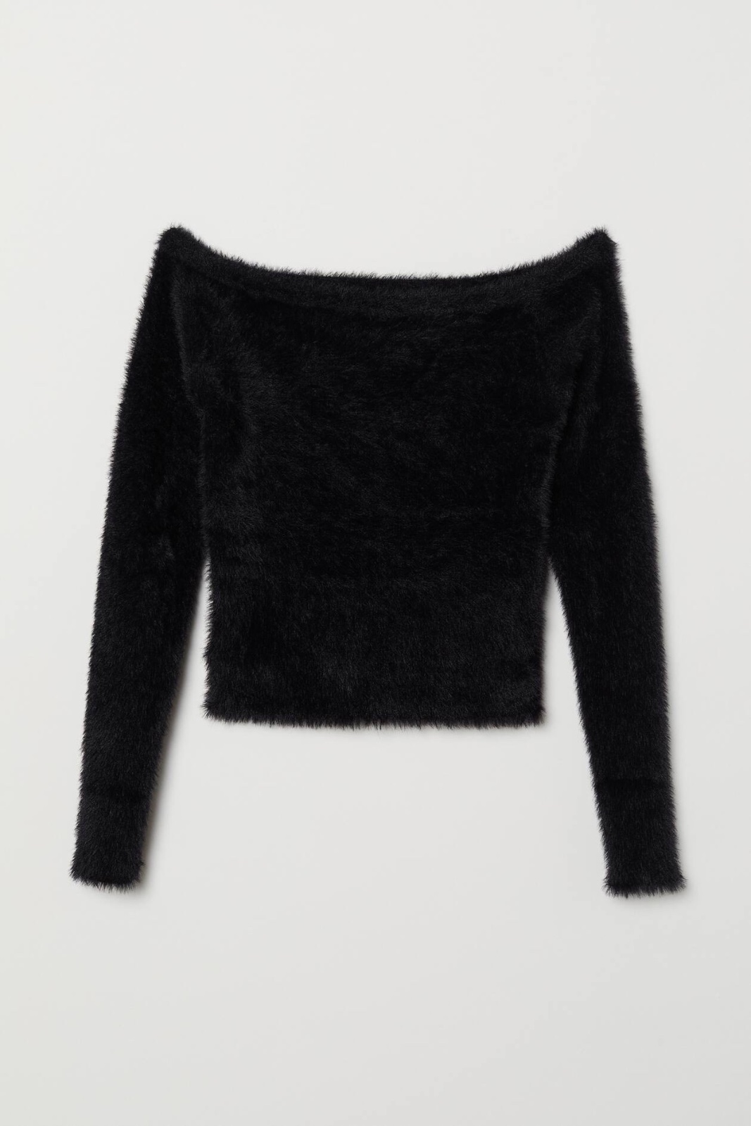 This is a H&M off-the-shoulder black fuzzy crop top 